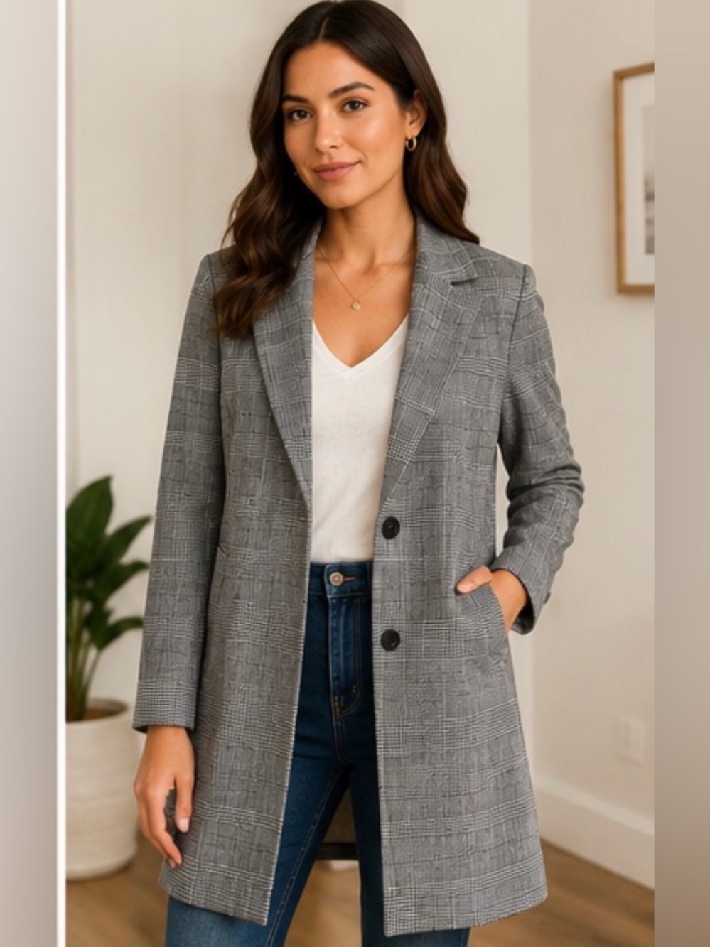 Joie Gray Glen Plaid Long Blazer Coat – Size Medium